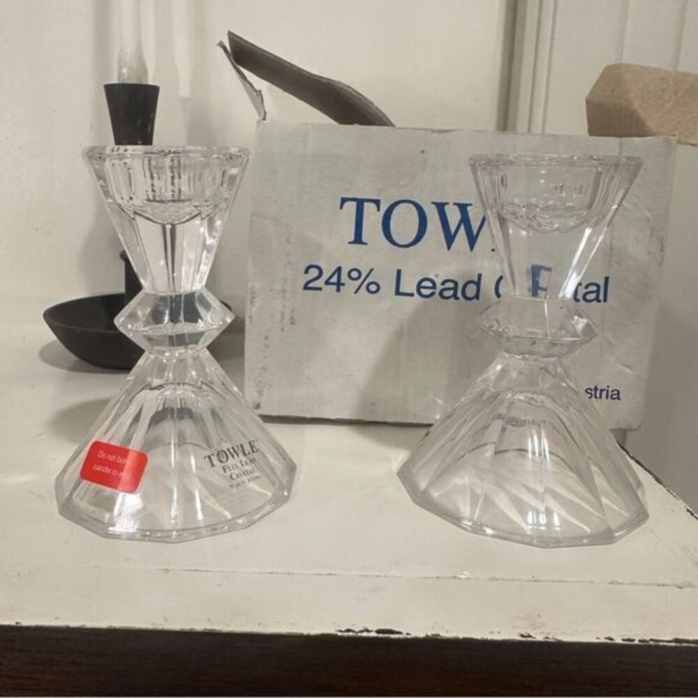 Vintage Towle Pair Of Fine Lead Crystal Taper Candle Holders Elegant Design